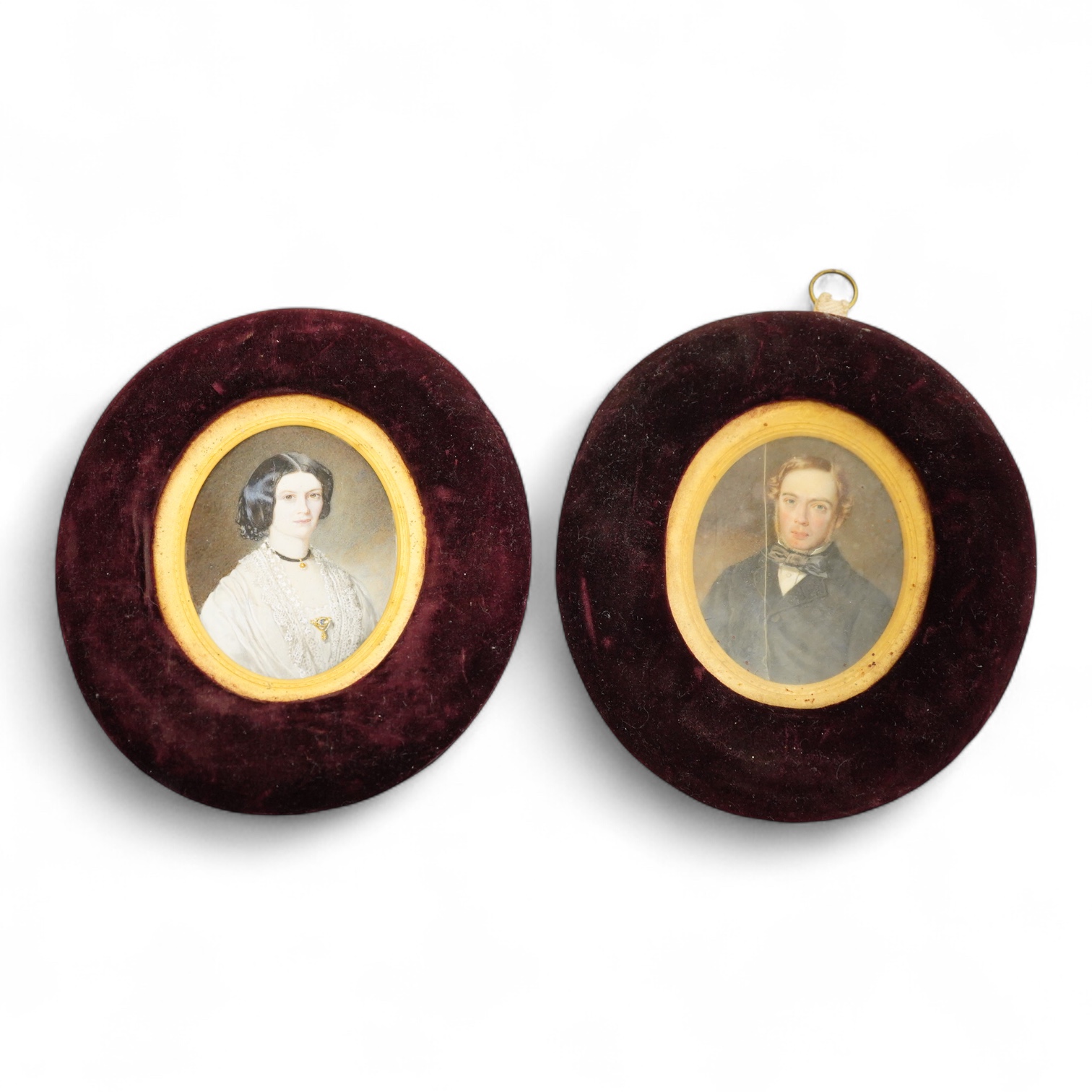 William Egley (1798-1870), Pair of portrait miniatures of a husband and wife, Mr. & Mrs. John Forman, Duncrahill, East Lothian, sittings taken October 1857, picture finished 1868, each with ink inscriptions verso, oval w